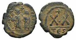 Phocas (602-610). Æ 20 Nummi (21mm, 5.51g, 6h). Thessalonica. Phocas, holding globus cruciger, and Sophia, holding cruciform sceptre, standing facing....