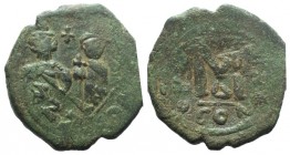 Heraclius (610-641). Æ 40 Nummi (28mm, 10.72g, 6h). Constantinople, uncertain year. Heraclius, holding long cross, and Heraclius Constantine, holding ...