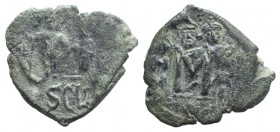 Heraclius (610-641). Æ 40 Nummi (32mm, 8.82g, 6h). Syracuse, 632-641. Countermarked on an overstruck of Heraclius, Constantinople: crowned facing bust...