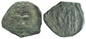 Constantine IV (668-685). Æ 40 Nummi (24mm, 2.98g, 6h). Syracuse, 672-677. Constantine, helmeted and cuirassed, standing facing, holding spear. R/ Lar...