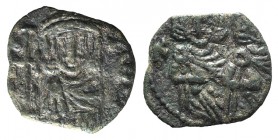 Constantine V (741-775). Æ 40 Nummi (17mm, 1.86g, 6h). Syracuse, 757-775. Crowned facing busts of Constantine and Leo IV, each wearing chlamys and hol...
