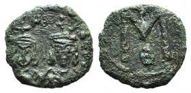 Michael II and Theophilus (820-829). Æ 40 Nummi (17mm, 3.55g, 6h). Syracuse, 821-829. Crowned facing busts of Michael and Theophilus. R/ Large M; cros...