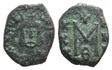 Theophilus (829-842). Æ 10 Nummi (18mm, 3.03g, 6h). Syracuse, 830-842. Crowned facing bust, wearing chlamys and holding globus cruciger. R/ Large M; X...