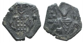 John II (1118-1143). Æ Half Tetarteron (16mm, 1.42g, 6h). Thessalonica. Facing bust of St. Demetrius, wearing nimbus and military attire, holding swor...