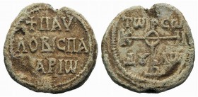 Paul, Spatarios. Pb Seal, c. 7th-12th century (27mm, 13.33g, 12h). Cruciform monogram. R/ +ΠAV ΛO BI CΠA [T]APIΩ in three lines. VF
