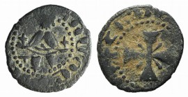 Cilician Armenia. Guy (Gosdantin II (1342-1344). Æ Pogh (15mm, 1.34g). King seated facing, holding cross and fleur-de-lis. R/ Cross. Cf. CCA 2040. Rar...