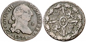 1774. Carlos III. Segovia. 2 maravedís. (AC. 36). 2,36 g. Rayitas. BC+/MBC-.