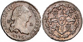 1776. Carlos III. Segovia. 2 maravedís. (AC. 40). 2,33 g. MBC-/MBC.