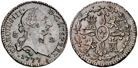 1777. Carlos III. Segovia. 2 maravedís. (AC. 41). 2,36 g. Impurezas. (MBC).