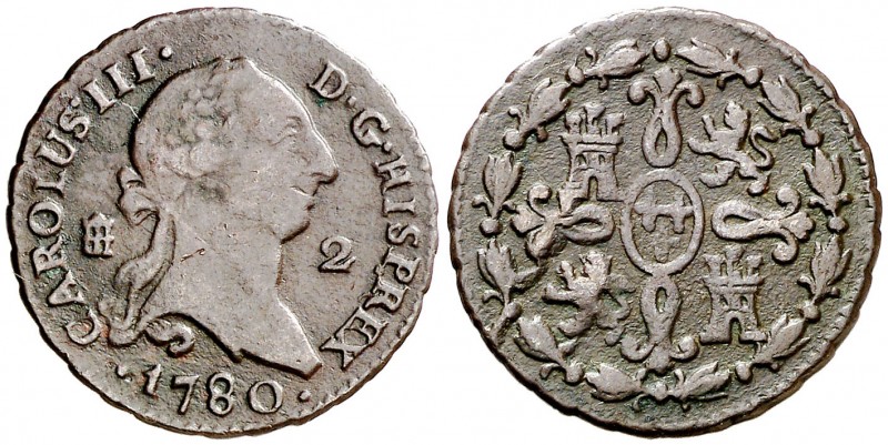 1780. Carlos III. Segovia. 2 maravedís. (AC. 43). 2,43 g. Rara, sólo hemos tenid...