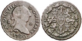 1780. Carlos III. Segovia. 2 maravedís. (AC. 43). 2,43 g. Rara, sólo hemos tenido dos ejemplares. BC+.