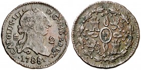 1788. Carlos III. Segovia. 2 maravedís. (AC. 49). 2,42 g. Impurezas. (MBC-).