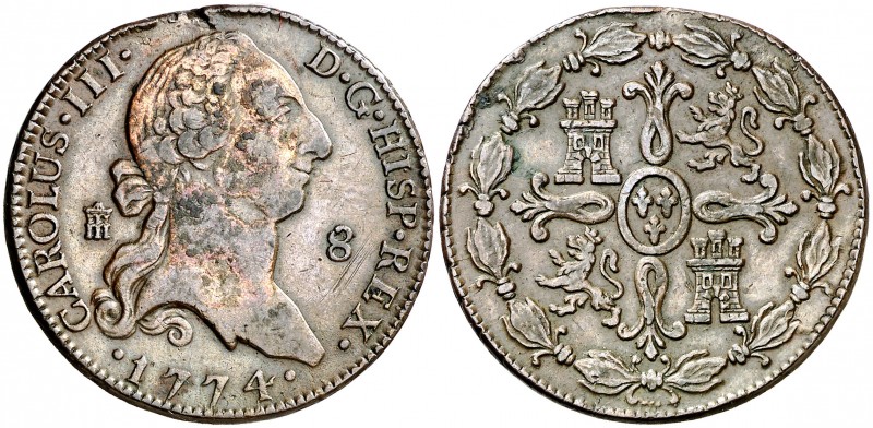 1774. Carlos III. Segovia. 8 maravedís. (AC. 71). 11,82 g. Golpecitos. MBC-/MBC....