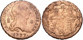 1777. Carlos III. Segovia. 8 maravedís. (AC. 74). 10,85 g. Limpiada. MBC-.