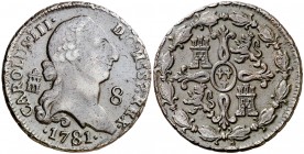 1781. Carlos III. Segovia. 8 maravedís. (AC. 78). 11,09 g. Escasa. MBC-/MBC+.