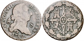 1782. Carlos III. Segovia. 8 maravedís. (AC. 79). 11,20 g. Rara, sólo hemos tenido cuatro ejemplares. BC+.
