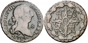 1784. Carlos III. Segovia. 8 maravedís. (AC. 80). 11,34 g. Rara, sólo hemos tenido cuatro ejemplares. BC+/MBC-.