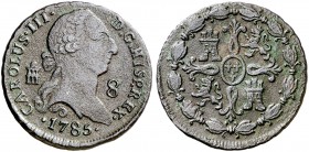 1785. Carlos III. Segovia. 8 maravedís. (AC. 81). 10,93 g. Limpiada. MBC-.