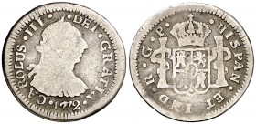 1772. Carlos III. Guatemala. P. 1/2 real. (AC. 98). 1,65 g. Rara. BC-/BC.