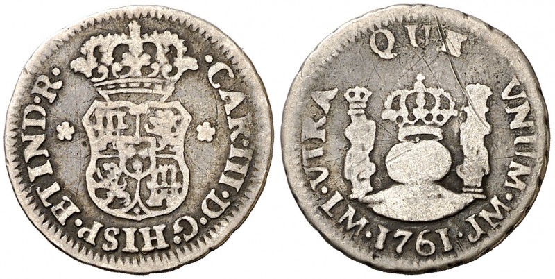 1761. Carlos III. Lima. JM. 1/2 real. (AC. 111). 1,52 g. Columnario. Sin punto s...