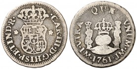 1761. Carlos III. Lima. JM. 1/2 real. (AC. 111). 1,52 g. Columnario. Sin punto sobre la marca de ceca. Rayitas. Ex Colección Iriarte, Áureo 04/03/1998...