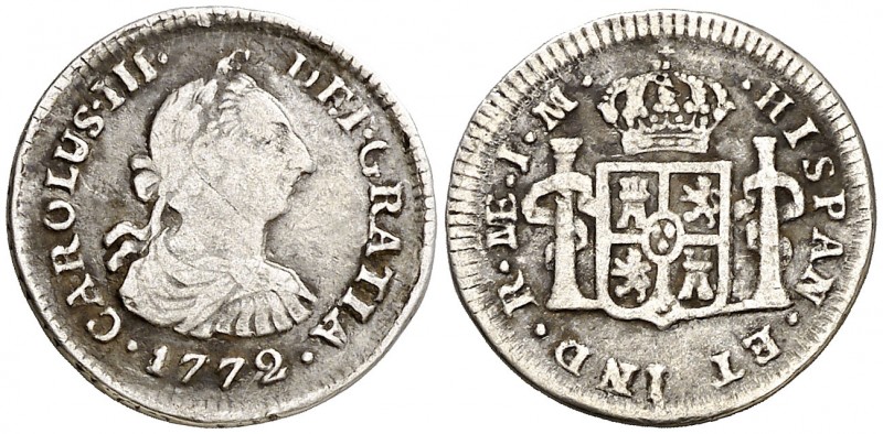 1772. Carlos III. Lima. JM. 1/2 real. (AC. 127). 1,66 g. Primer año de busto. So...