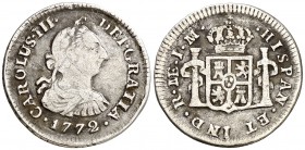 1772. Carlos III. Lima. JM. 1/2 real. (AC. 127). 1,66 g. Primer año de busto. Sombras. Escasa. MBC-.