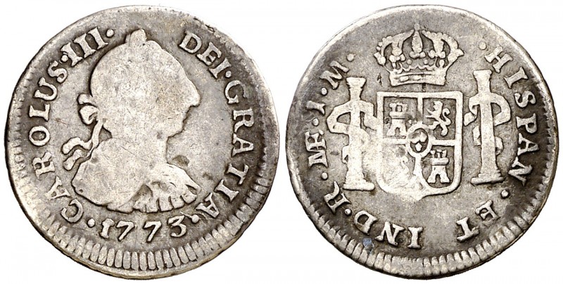 1773. Carlos III. Lima. JM. 1/2 real. (AC. 128). 1,60 g. Pequeños vanos. BC/BC+....