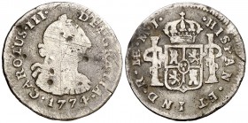 1774. Carlos III. Lima. MJ. 1/2 real. (AC. 130). 1,48 g. Rayitas y golpecitos. (BC-/BC).