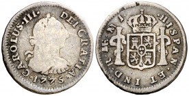 1775. Carlos III. Lima. MJ. 1/2 real. (AC. 131). 1,59 g. Ex Colección Iriarte, Áureo 04/03/1998, nº 30. BC/BC+.