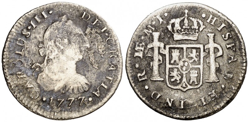 1777. Carlos III. Lima. MJ. 1/2 real. (AC. 133). 1,46 g. Oxidaciones. (BC/BC+).