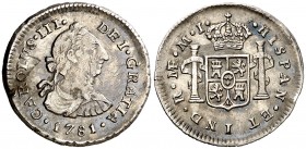 1781. Carlos III. Lima. MI. 1/2 real. (AC. 138). 1,67 g. Rayitas. Ex Colección Iriarte, Áureo 04/03/1998, nº 36. (MBC-/MBC).
