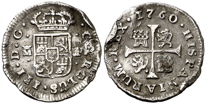 1760. Carlos III. Madrid. JP. 1/2 real. (AC. 148). 1,38 g. Golpes. Rara, sólo he...