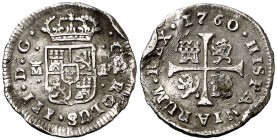 1760. Carlos III. Madrid. JP. 1/2 real. (AC. 148). 1,38 g. Golpes. Rara, sólo hemos tenido cuatro ejemplares. (BC+).