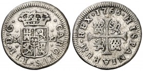 1765. Carlos III. Madrid. PJ. 1/2 real. (AC. 152). 1,06 g. Limpiada. Rayitas. BC+.