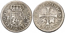 1770. Carlos III. Madrid. PJ. 1/2 real. (AC. 155). 1,28 g. Rayitas en reverso. BC+/BC.