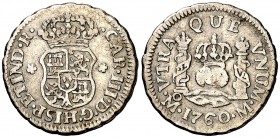 1760/59. Carlos III. México. M. 1/2 real. (AC. 175). 1,59 g. Columnario. Rayita y golpecito. Rara rectificación. MBC-.