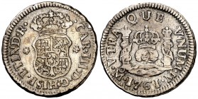 1761/0. Carlos III. México. M. 1/2 real. (AC. 176.1). 1,63 g. Columnario. Rara rectificación. MBC-.