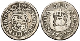 1763. Carlos III. México. M. 1/2 real. (AC. 180). 1,62 g. Columnario. Rayitas. BC+/BC.