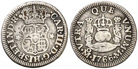 1766. Carlos III. México. M. 1/2 real. (AC. 184). 1,56 g. Columnario. Rayitas. Ex Colección Iriarte, Áureo 04/03/1998, nº 73. BC+/BC.