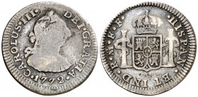 1772. Carlos III. México. FF. 1/2 real. (AC. 194). 1,64 g. Ex Colección Iriarte, Áureo 04/03/1998, nº 79. Escasa. BC/BC+.