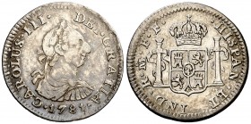1781. Carlos III. México. FF. 1/2 real. (AC. 207). 1,69 g. Golpecitos en canto. MBC/MBC+.