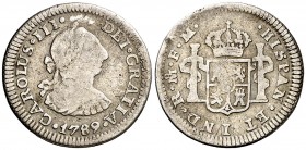 1789. Carlos III. México. FM. 1/2 real. (AC. 218). 1,63 g. Rayitas. Acuñación póstuma. Escasa. BC/BC+.