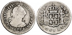 1774. Carlos III. Popayán. JS. 1/2 real. (AC. 219) (Restrepo 34-2). 1,58 g. Punto entre los ensayadores. Único año de esta ceca y reinado. Pequeño van...