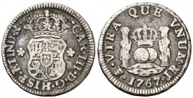 1767. Carlos III. Potosí. JR. 1/2 real. (AC. 234). 1,62 g. Columnario. Escasa. BC+.
