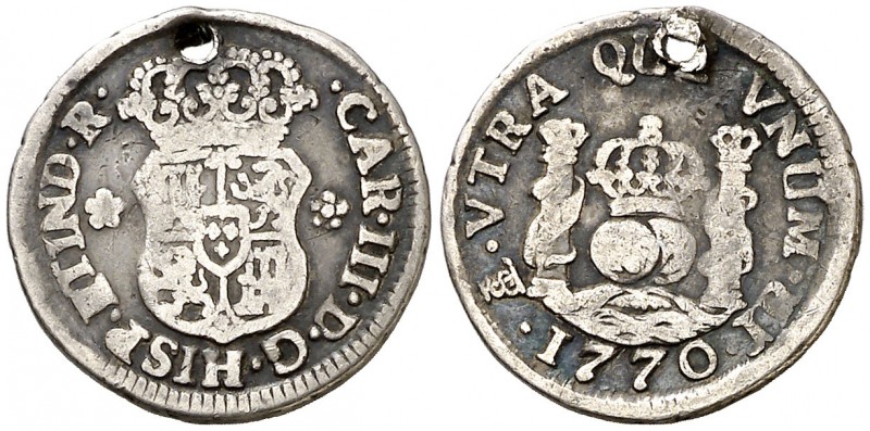 1770. Carlos III. Potosí. JR. 1/2 real. (AC. 237). 1,76 g. Columnario. Perforaci...