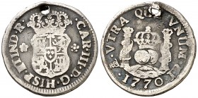 1770. Carlos III. Potosí. JR. 1/2 real. (AC. 237). 1,76 g. Columnario. Perforación. Escasa. (BC+).