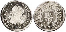 1774. Carlos III. Potosí. JR. 1/2 real. (AC. 239). 1,58 g. Ex Áureo 16/10/1996, nº 2374. BC/BC+.