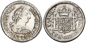 1775. Carlos III. Potosí. JR. 1/2 real. (AC. 240). 1,72 g. Buen ejemplar. Escasa así. MBC+/EBC-.