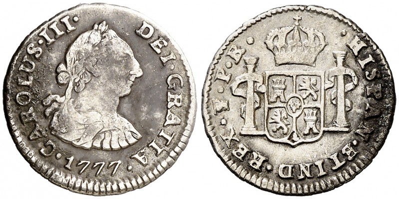 1777. Carlos III. Potosí. PR. 1/2 real. (AC. 245). 1,69 g. Oxidaciones. (MBC-/MB...